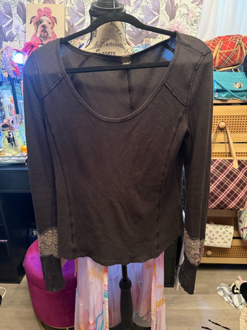 We The Free Black Long Sleeve Scoop Neck Top with Cuff Detail